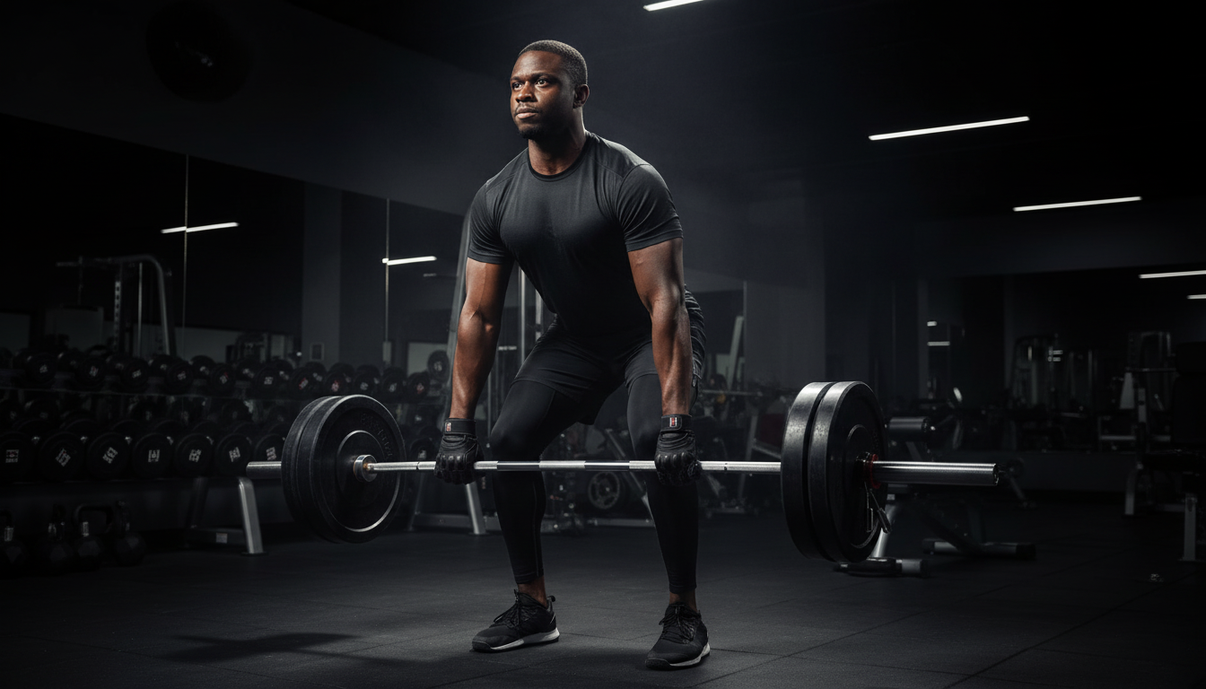 Male athlete performing barbell deadlift wearing Iron Horse Wellness Iron Apex Elite lifting gloves

