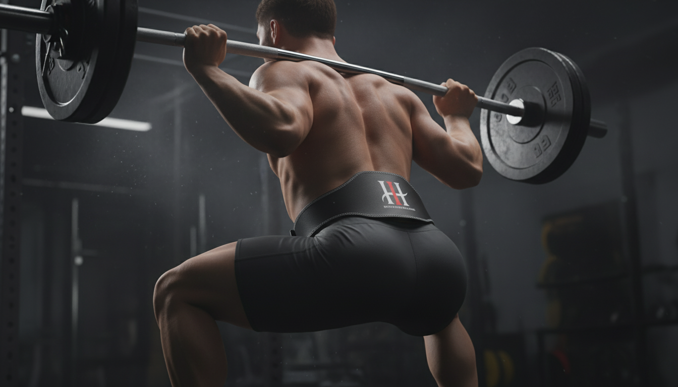 Male athlete performing barbell squat wearing Iron Horse Wellness Iron Anchor leather lifting belt for deadlifts, squats, powerlifts and weight training
