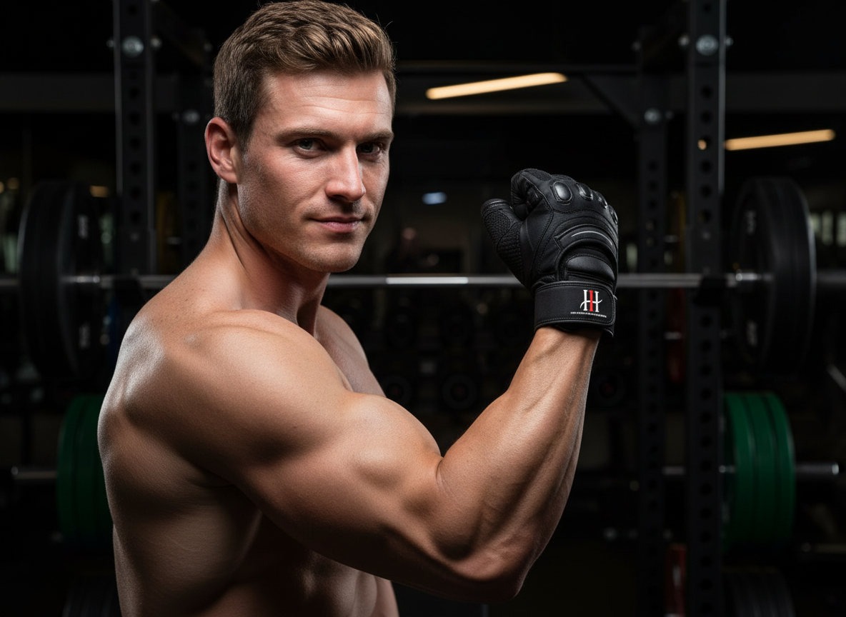 Male athlete flexing bicep wearing Iron Horse Wellness Iron Apex Elite lifting gloves

