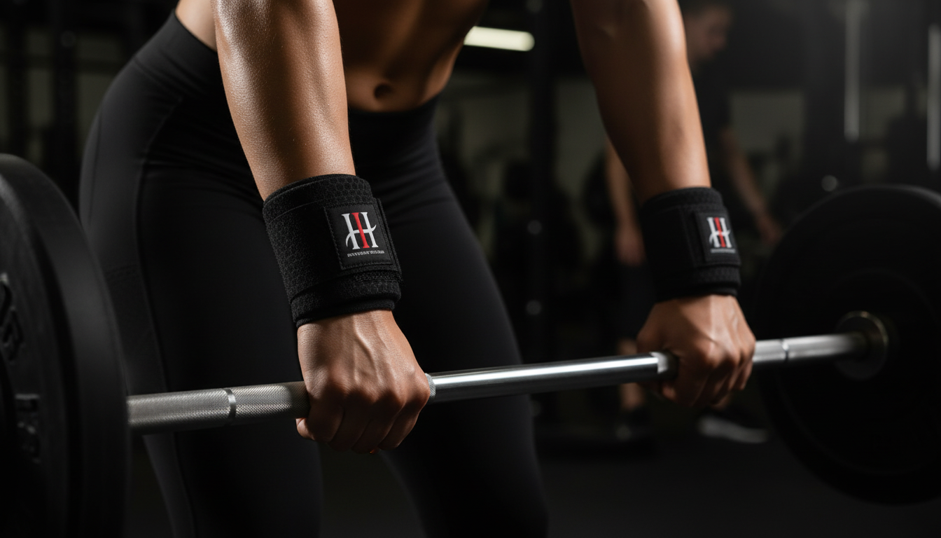 Close-up of Iron Horse Wellness Iron Pulse wrist wraps providing wrist support on barbell
