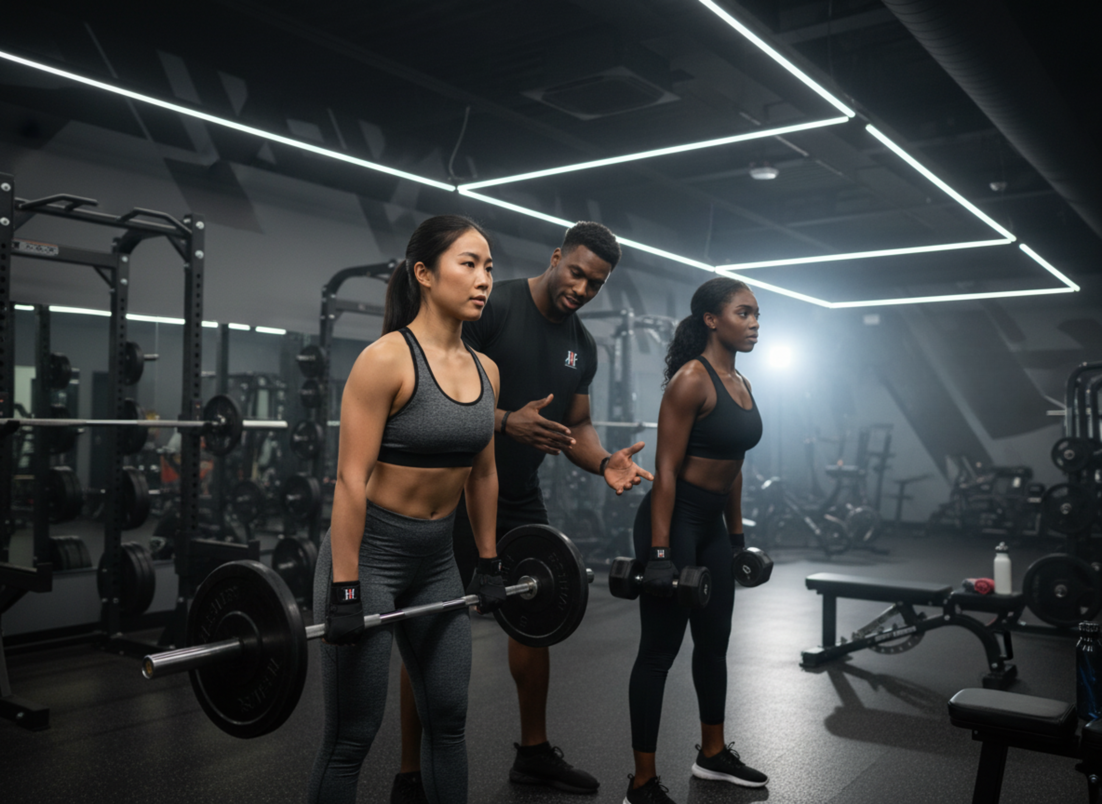 Two women lifting weights with a personal trainer in a gym setting using iron forge lifting gloves