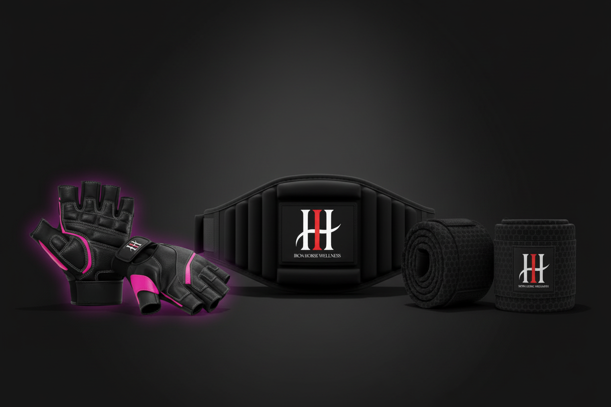 Elevate Yourself bundle from Iron Horse Wellness.  Iron Elle Dynamic Lifting Gloves, Iron Core Evolution Lifting Belt, Iron Pulse Wrist Wraps
