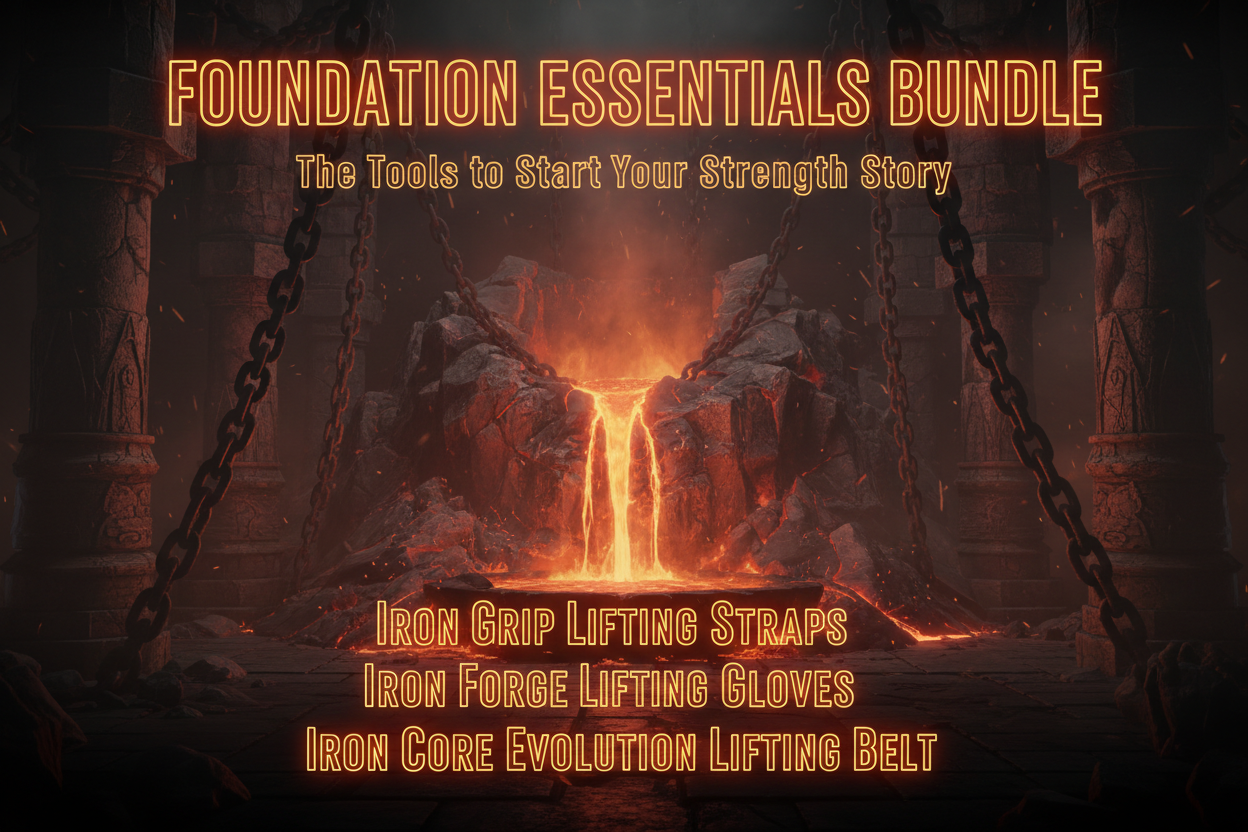 Advertisement for 'Foundation Essentials Bundle' with glowing text and fiery background from Iron Horse Wellness.  Bundle features Iron Grip lifting Straps, Iron Core Evolution Lifting Belt and Iron Forge Lifting gloves