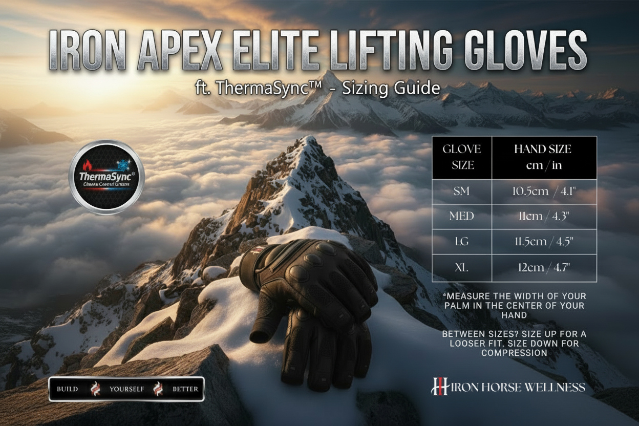 Iron Apex Elite Sizing Guide Updated Typography - lifting gloves for athletes, strength training, deadlifts, squats, ad weight training