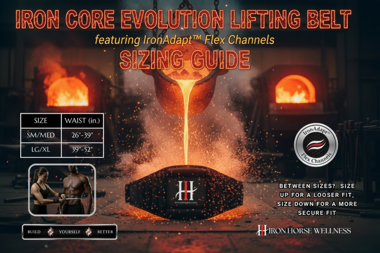 Iron Core Evolution Lifting Belt sizing guide with IronAdapt Flex Channels for staying fluid when lifting heavy. 