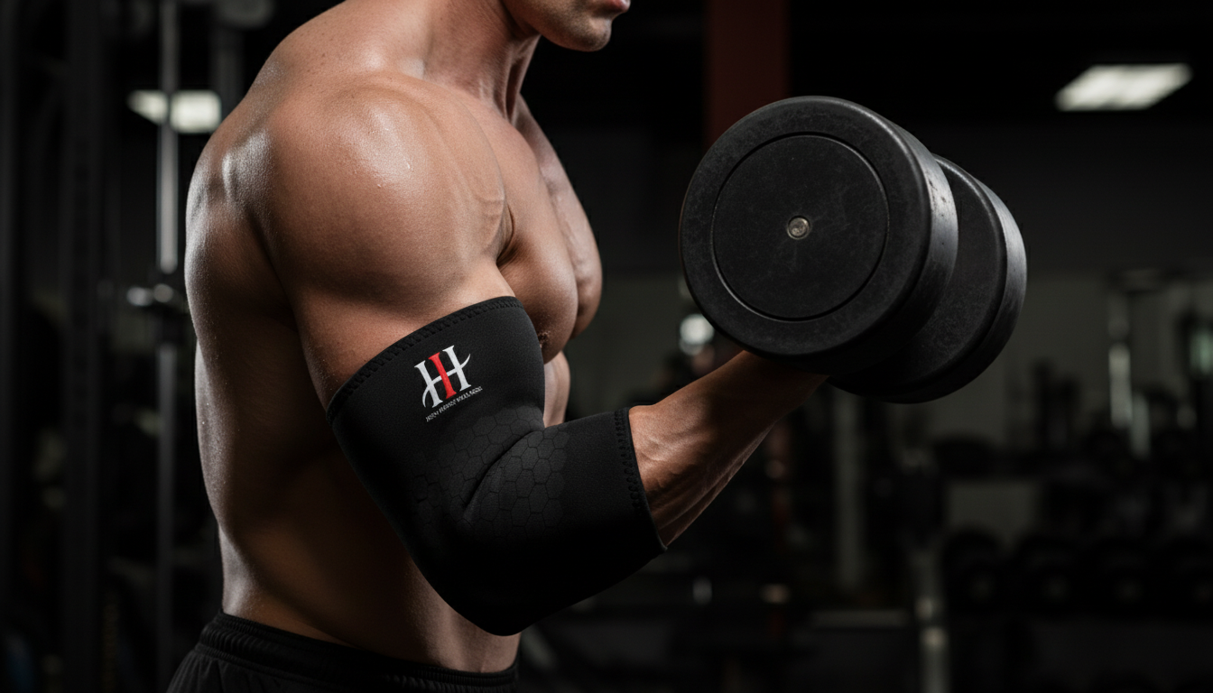 Athlete performing dumbbell bicep curl wearing Iron Horse Wellness Iron Endure elbow compression sleeves
