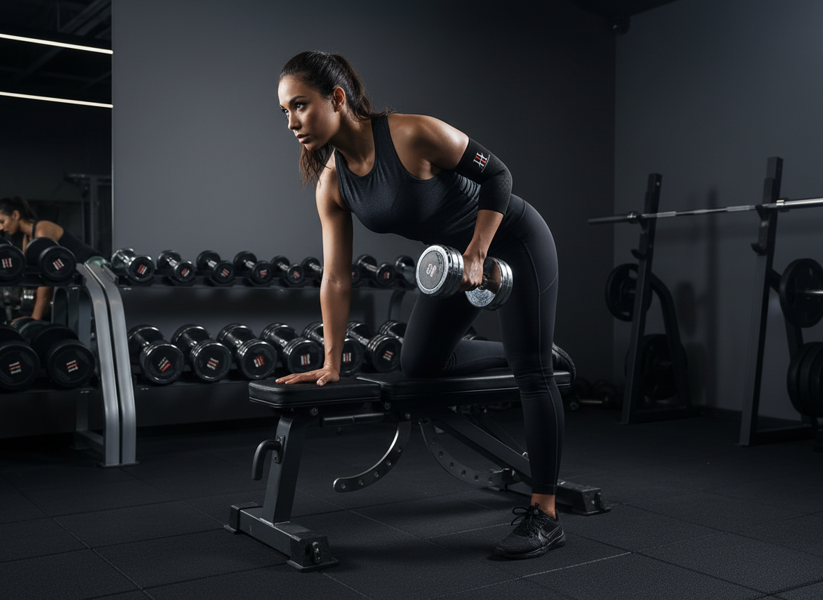 Female athlete performing dumbbell row wearing Iron Horse Wellness Iron Endure elbow sleeves
