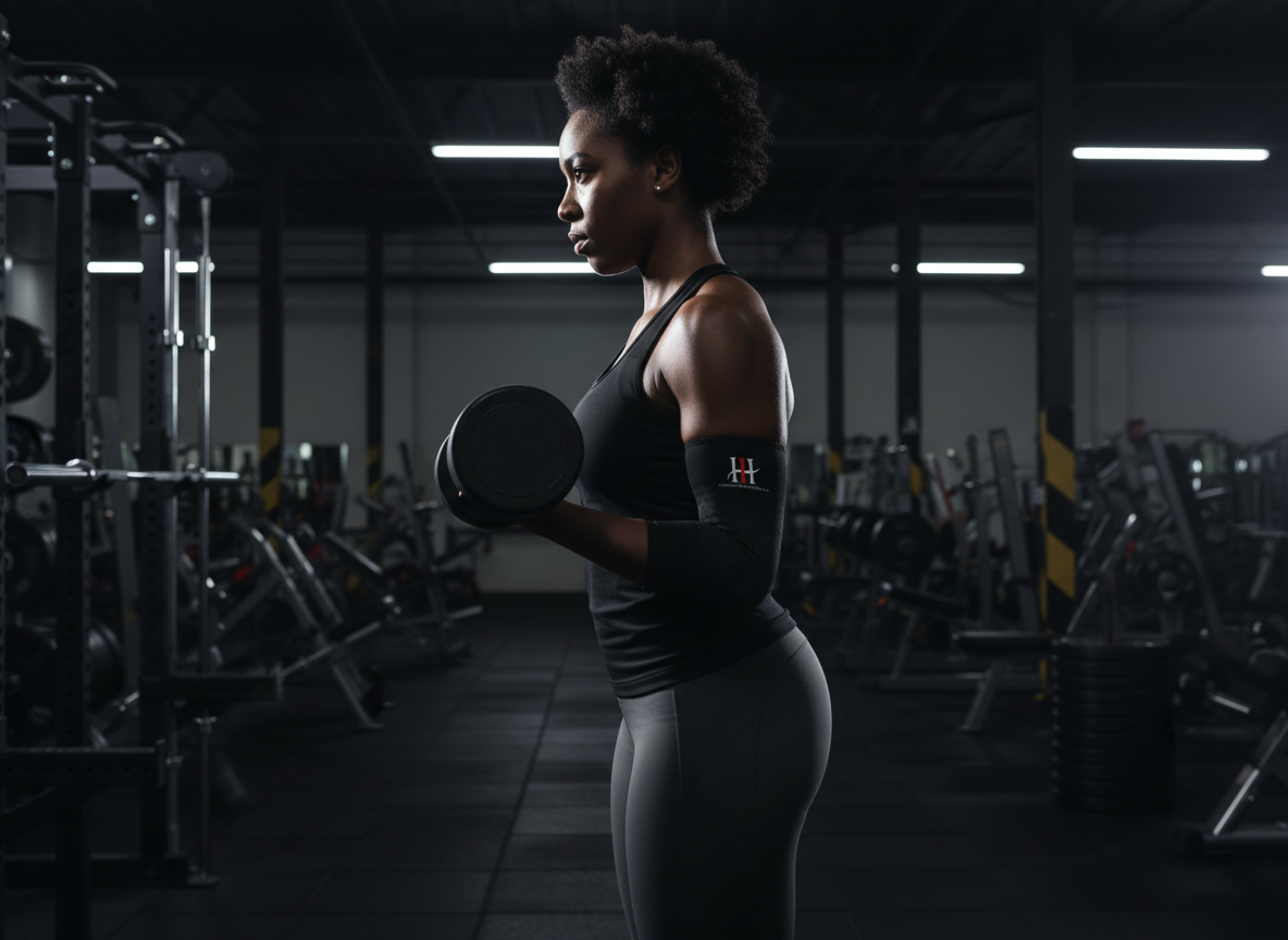 Female athlete performing standing dumbbell curl wearing Iron Horse Wellness Iron Endure elbow compression sleeves
