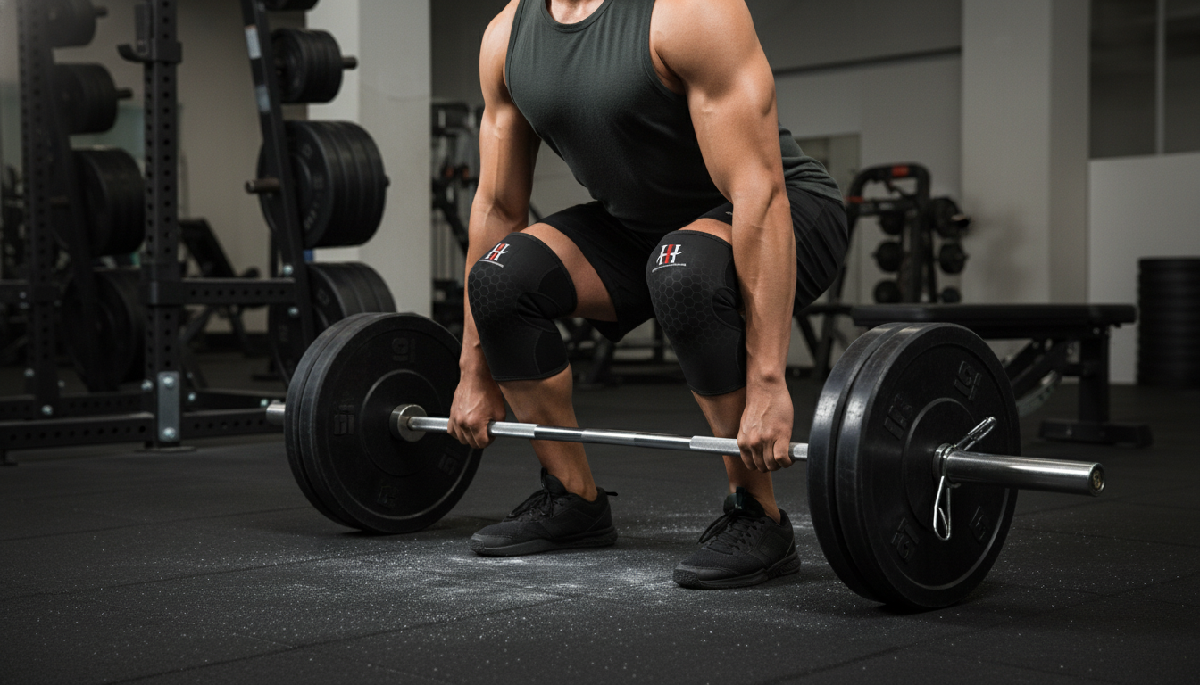 Male athlete performing barbell deadlift wearing Iron Horse Wellness Iron Endure knee sleeves

