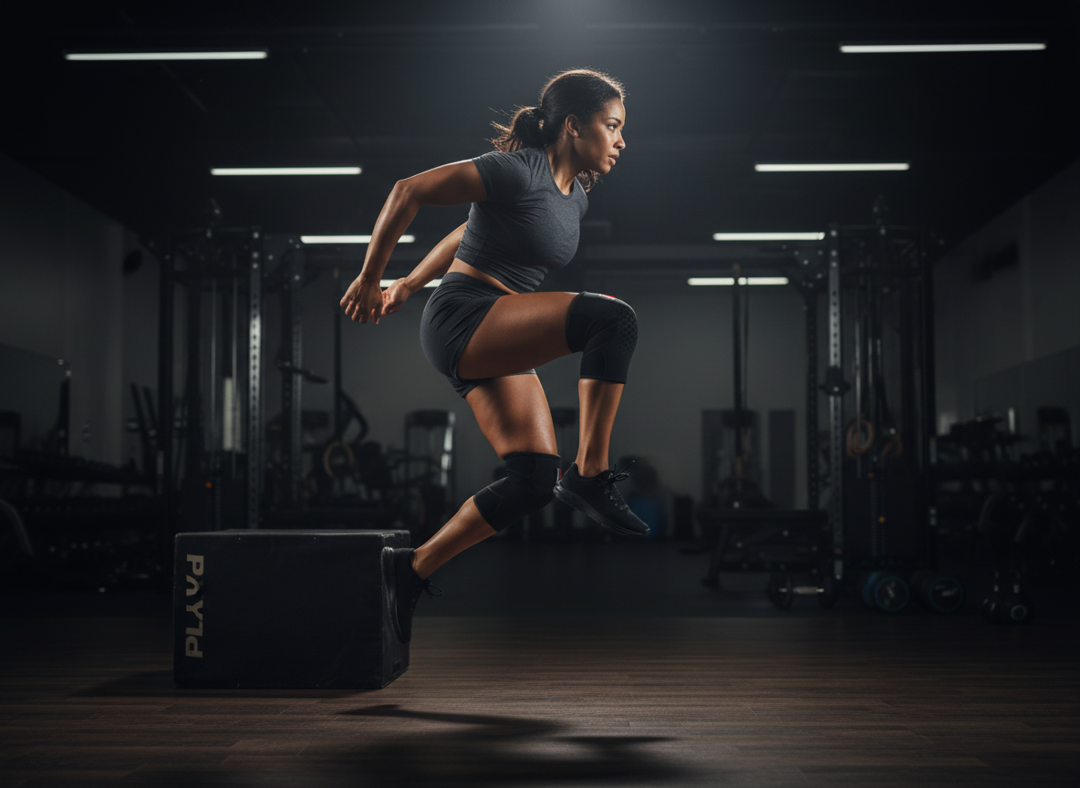 Female athlete performing box jump wearing Iron Horse Wellness Iron Endure knee compression sleeves

