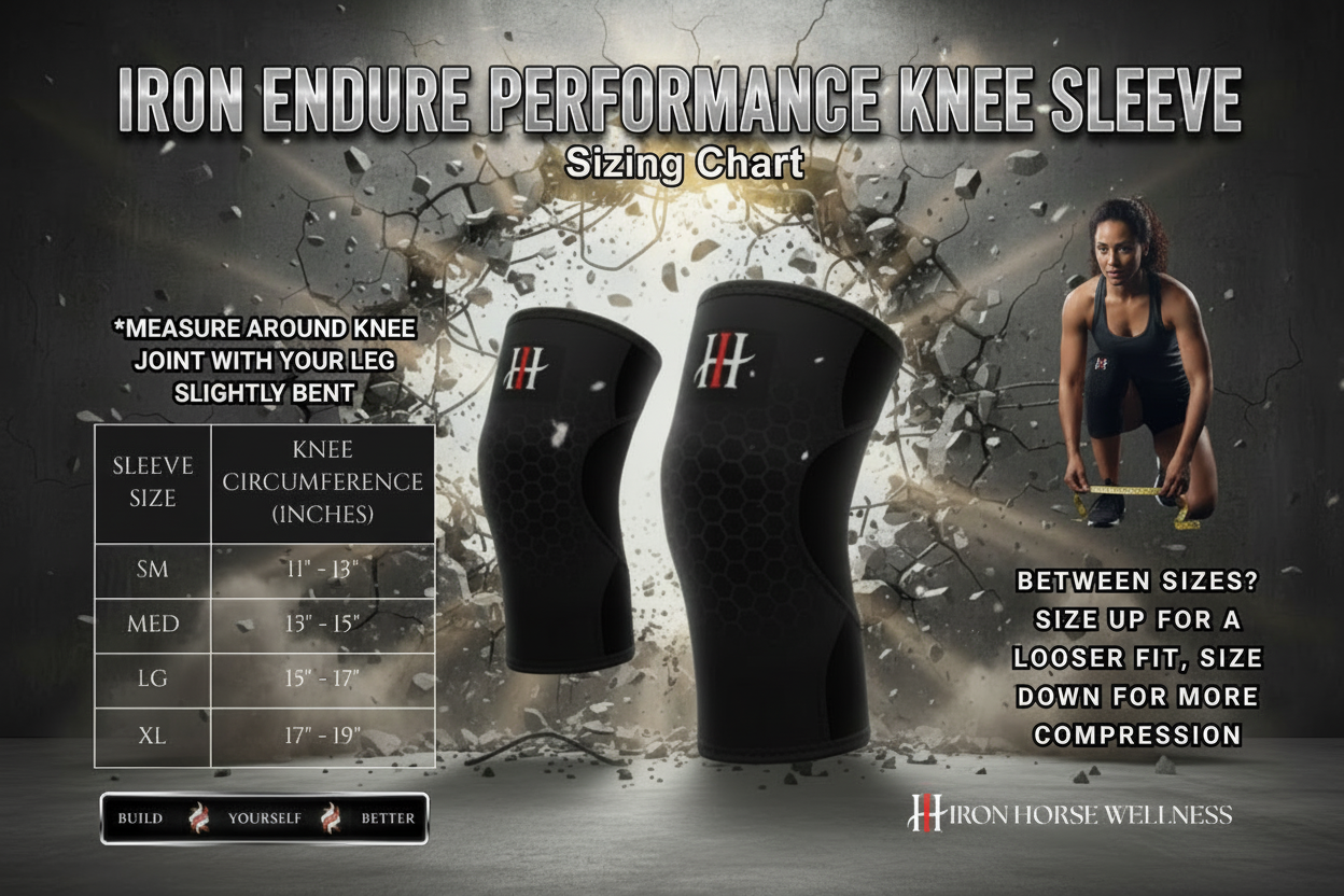 Iron Endure Knee sizing guide with a person holding a measuring tape on a dark premium background with sizing and fit suggestions.