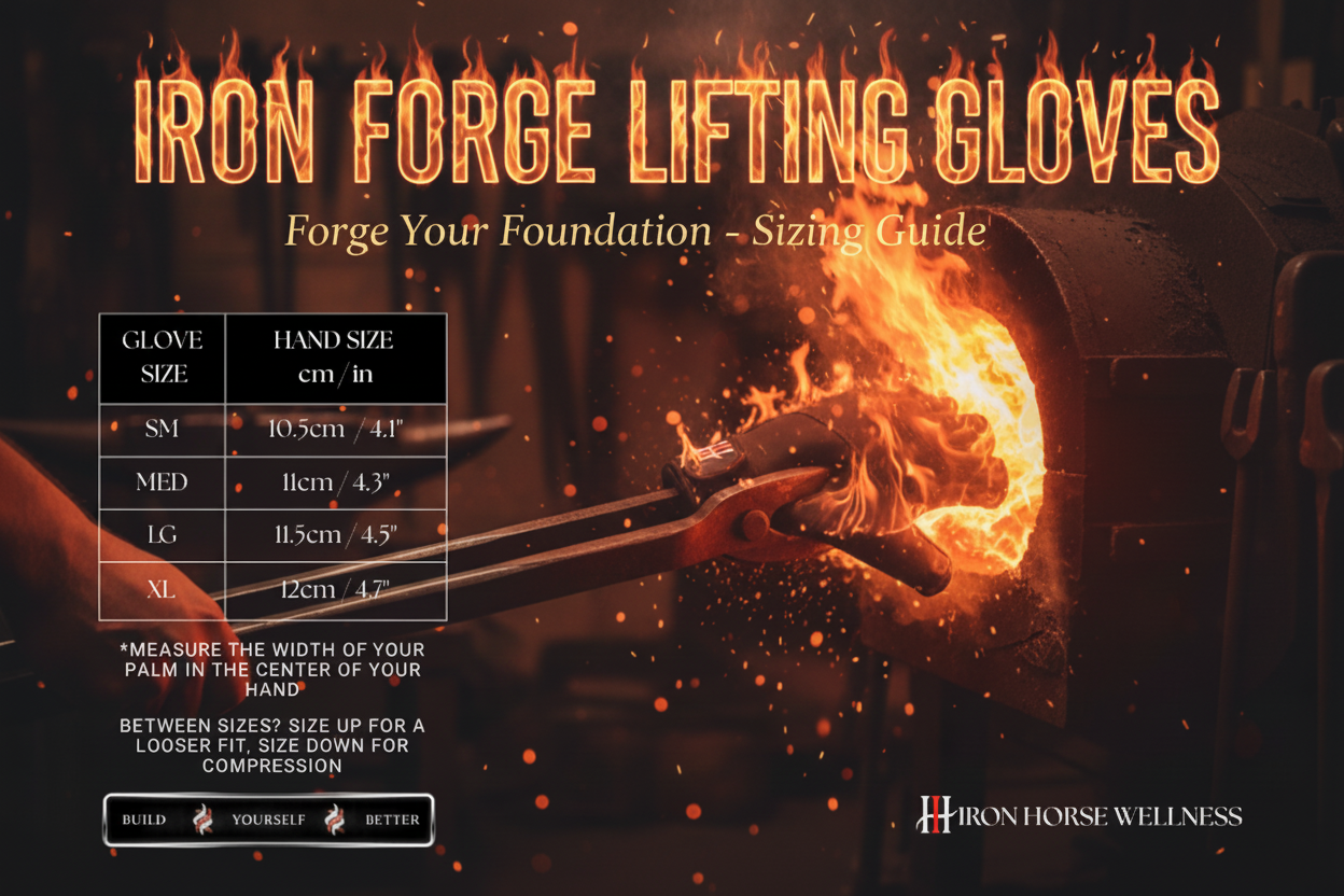 Iron Forge Sizing Guide Flames Typography - forged in fire, built for strength lifting gloves for weight training, deadlifts, squats, pulling.