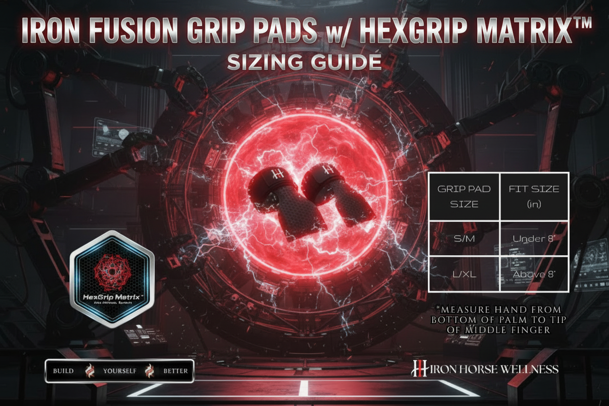Iron Fusion Grip Pads sizing guide with HexGrip Matrix for shrugs, pulls, weight training and lifting.