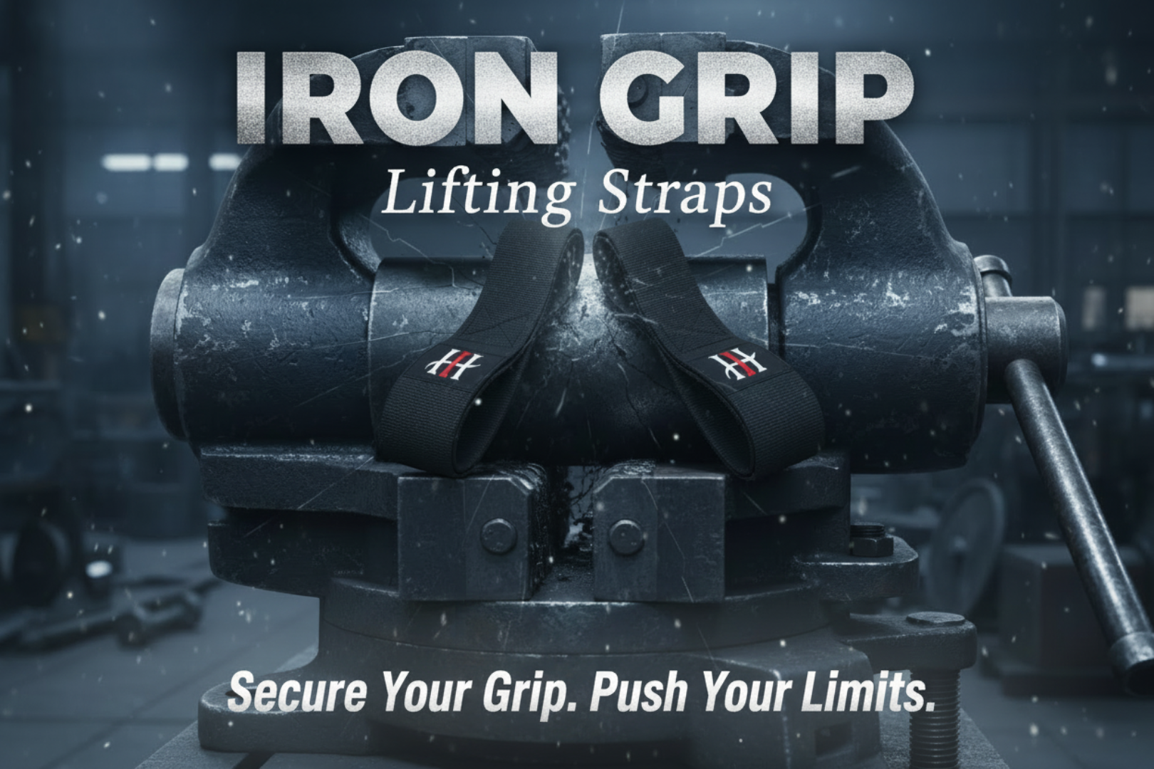 Iron Grip lifting straps on a vise with promotional text in a workshop setting