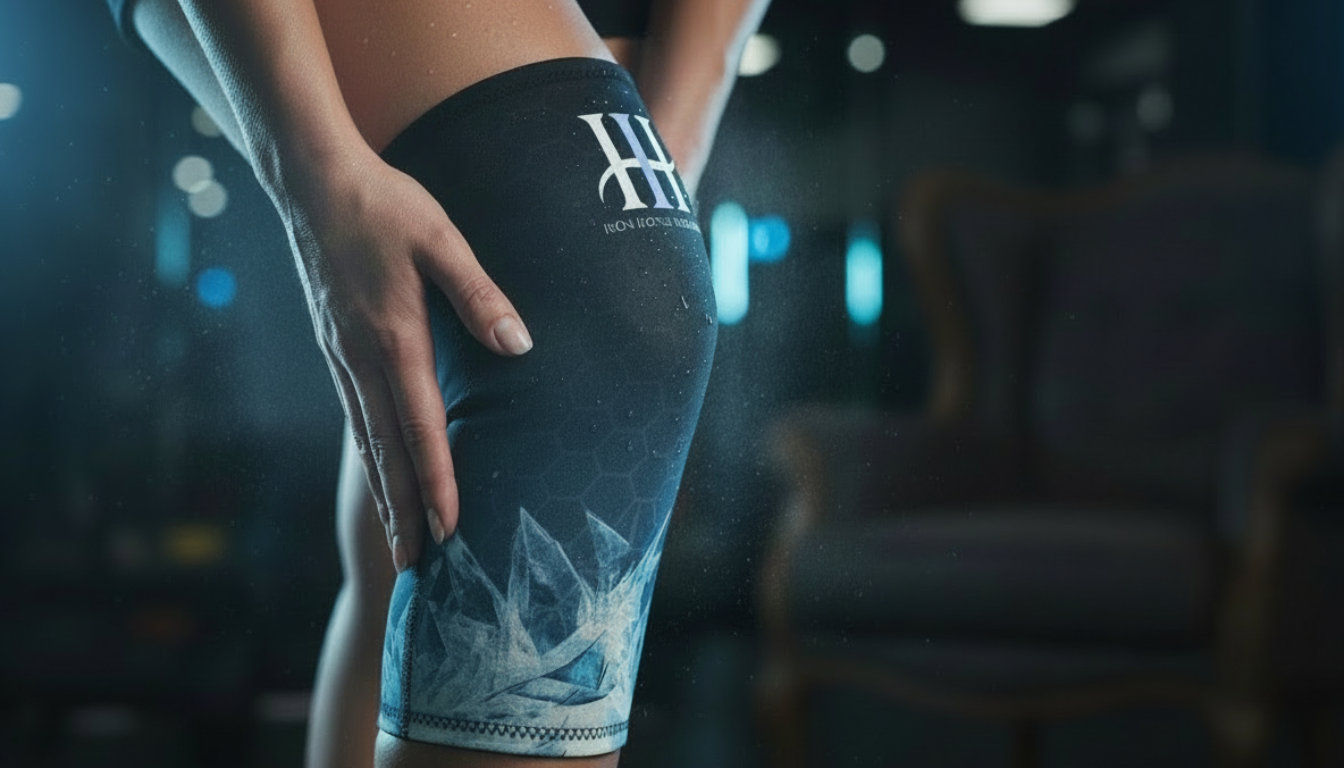 Person wearing a black Iron Ice Frozen Sleeve knee brace with Iron Horse Wellness logo in a dark gym setting