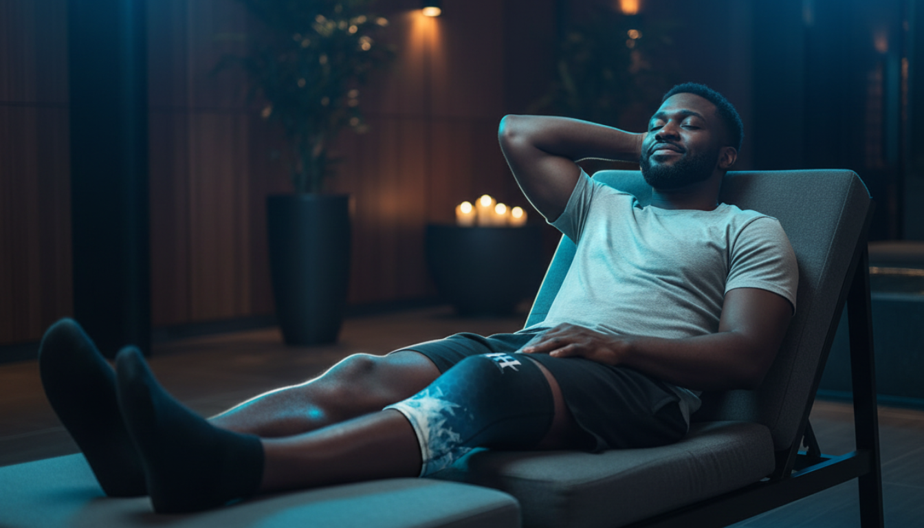 Man relaxing on a chair in a dimly lit room with candles wearing Iron Ice Frozen Sleeve on knee for post-workout recovery