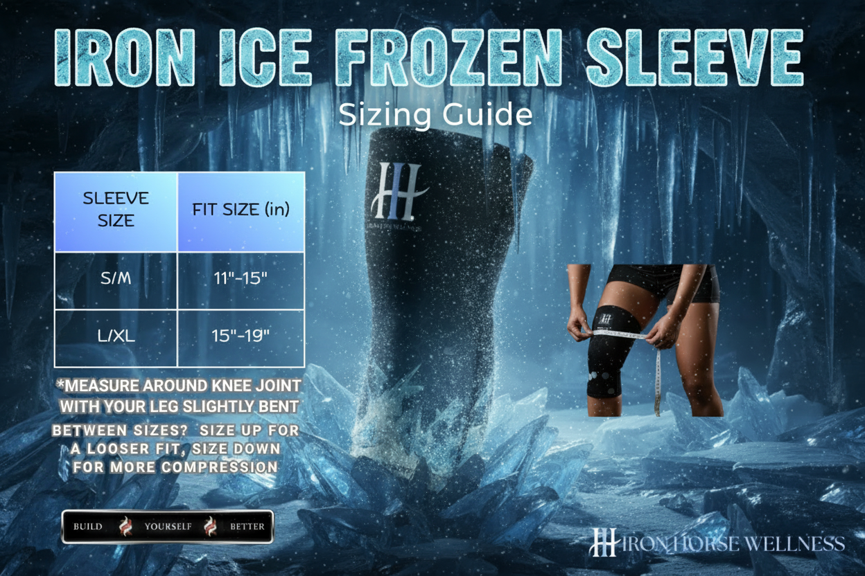 Iron Ice Frozen Sleeve sizing guide showing black knee sleeve with cyan ice crystal design embedded in frozen ice cave with sizing chart for S/M (11-15 inches) and L/XL (15-19 inches) from Iron Horse Wellness