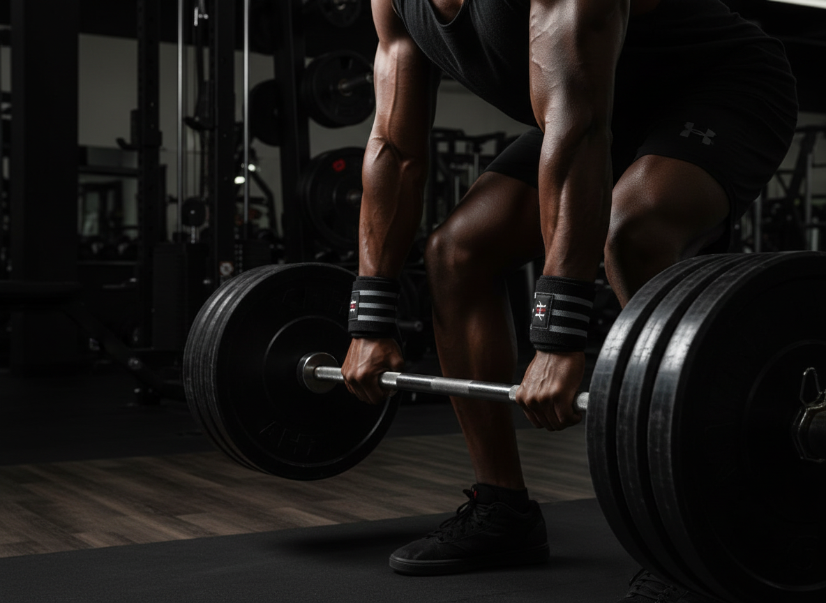 Athlete lifting a barbell in a gym setting wearing Iron Lock Wrist Wraps from Iron Horse Wellness