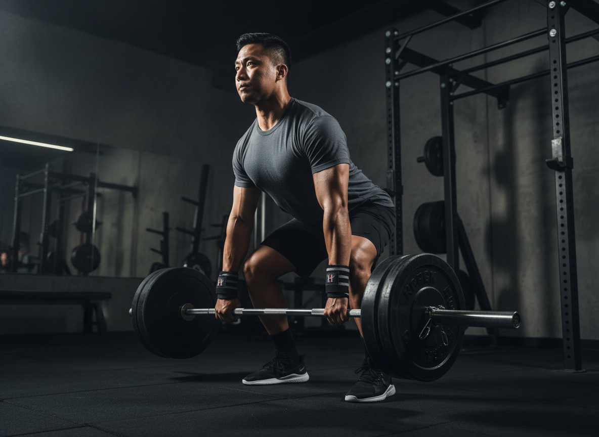 Male athlete lifting a barbell in a gym setting wearing Iron Lock Wrist Wraps from Iron Horse Wellness