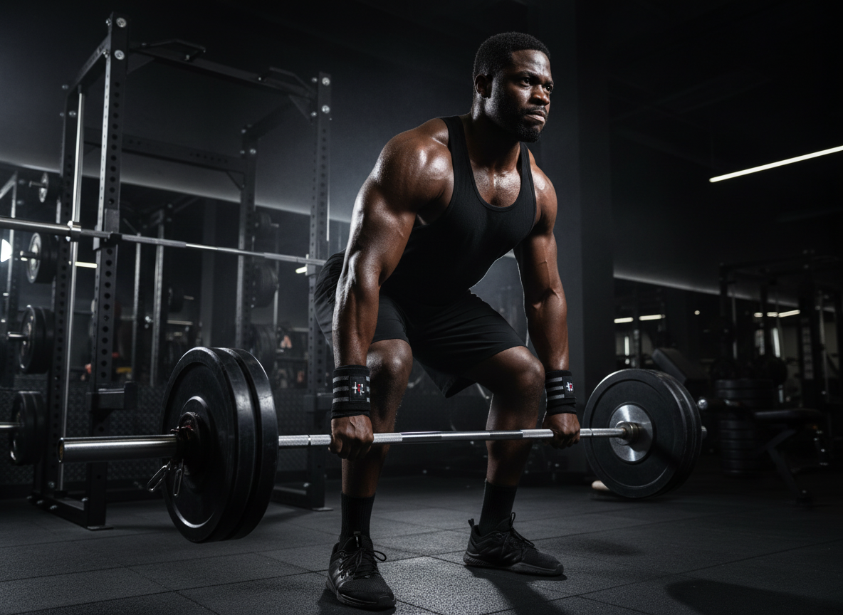 Athlete lifting a barbell in a gym setting wearing Iron Lock Wrist Wraps from Iron Horse Wellness