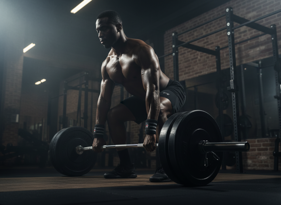 Muscular man lifting a barbell in a dimly lit gym wearing Iron Lock Wrist Wraps from Iron Horse Wellness