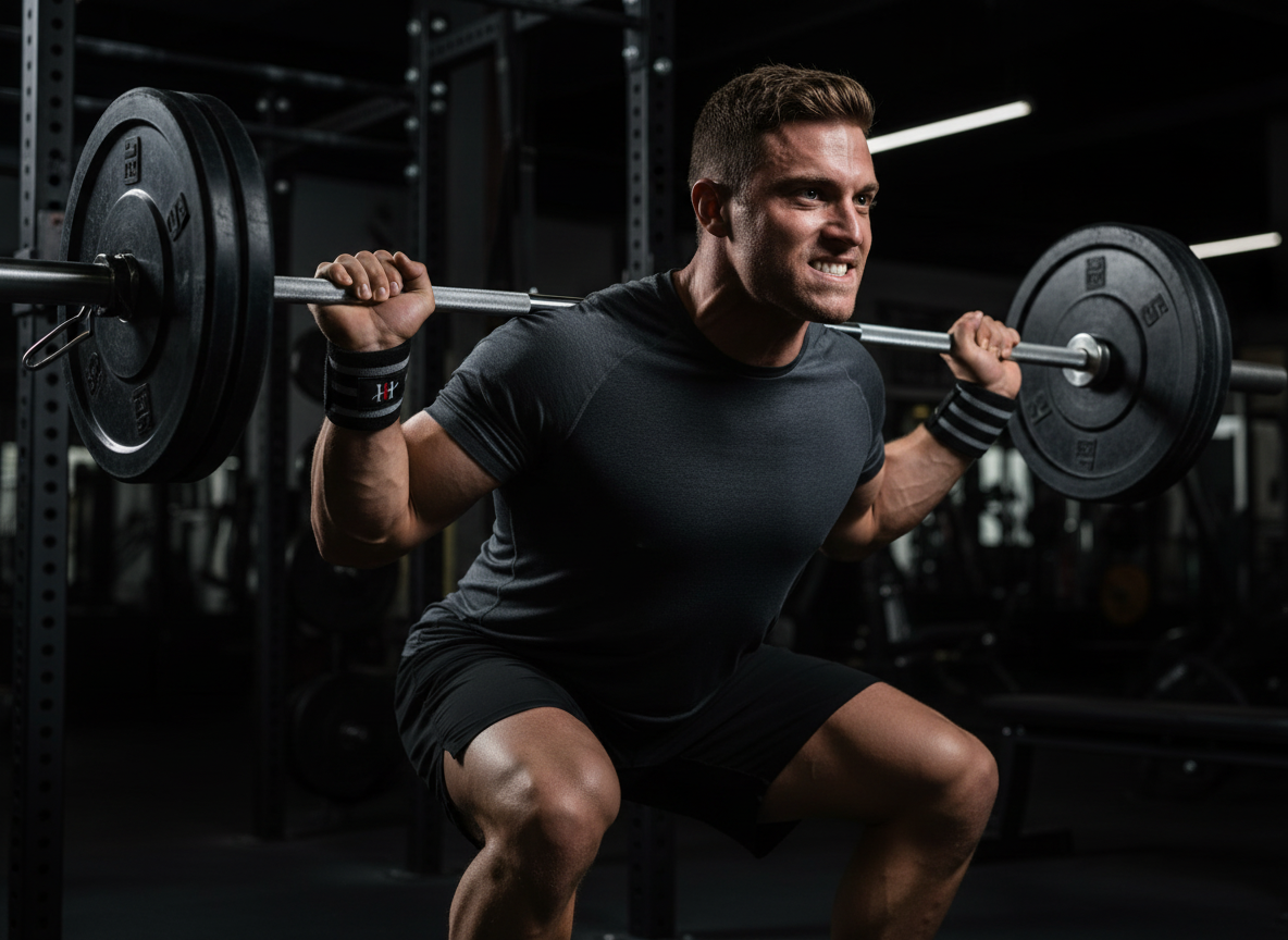 Male athlete lifting a barbell in a gym setting wearing Iron Lock Wrist Wraps from Iron Horse Wellness