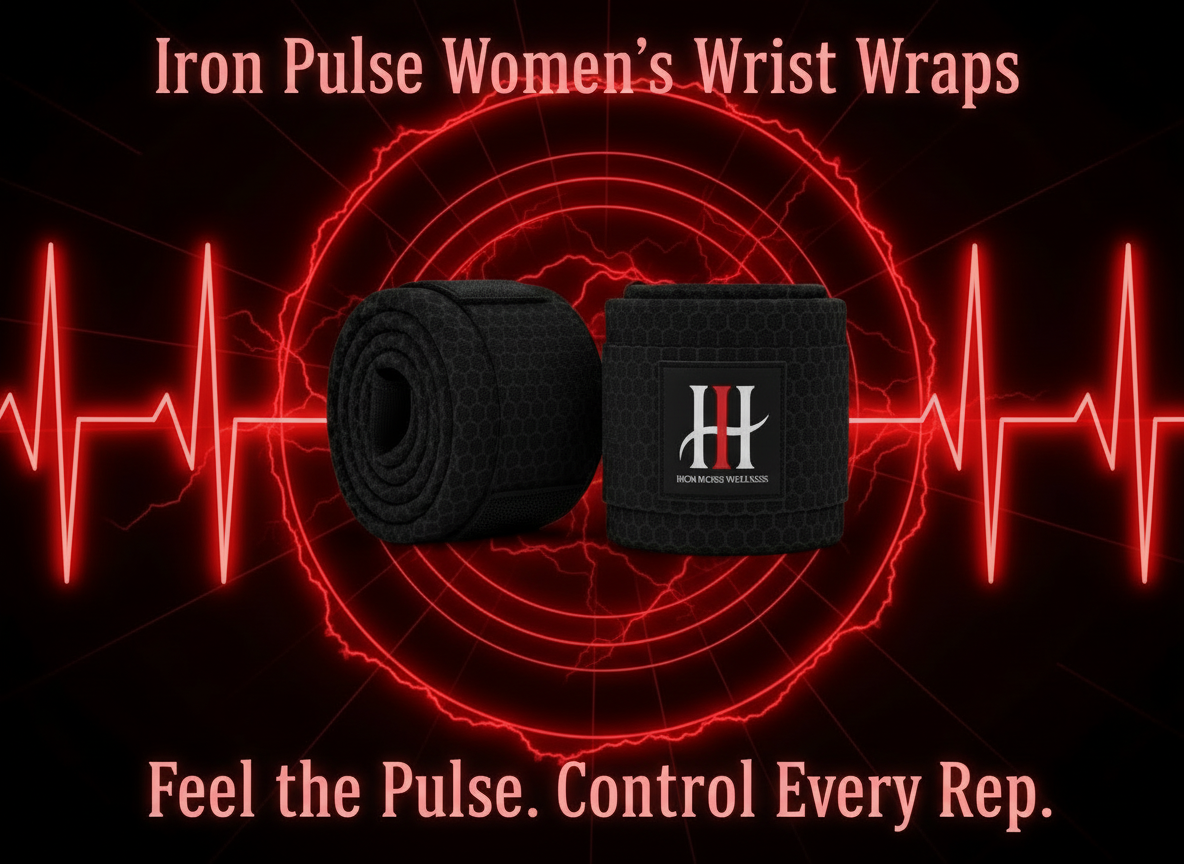 Black wrist wraps with Iron Horse Wellness logo on a red heart rate line background, featuring 'Iron Pulse Women's Wrist Wraps'.