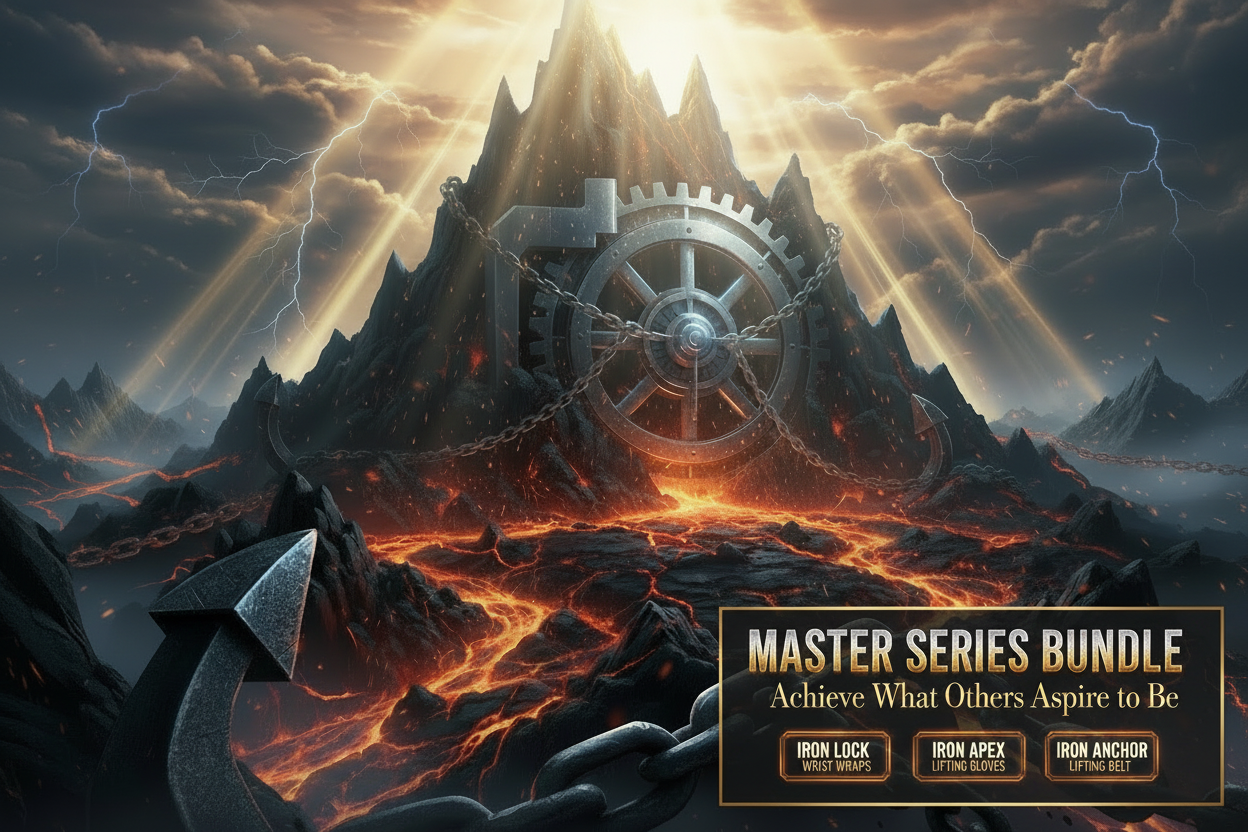 Master Series Bundle epic image of Iron Anchor lifting belt, Iron Lock Wrist Wraps.  At the peak pf the mountain is Iron Apex, what you aspire to get to.