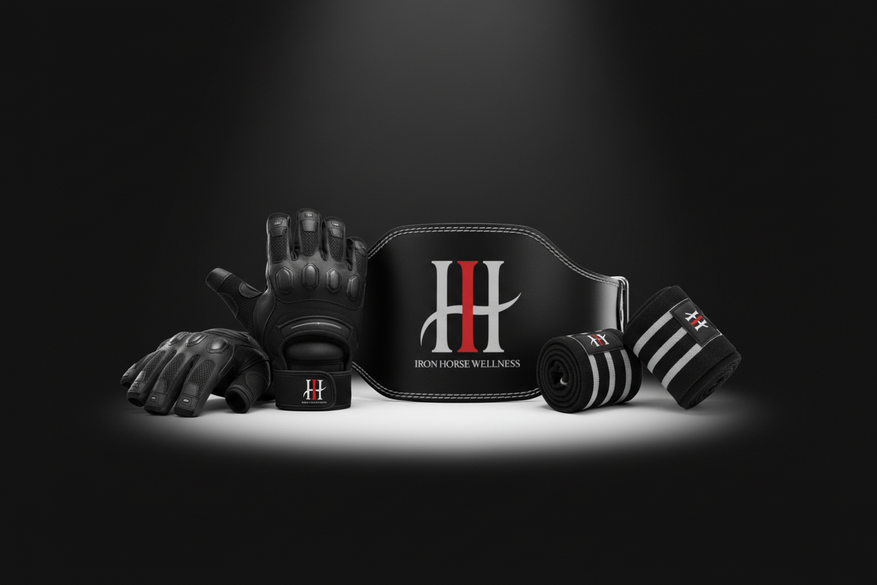 Master Series - Dark Premium Background with spotlight.  Iron Anchor lifting belt, Iron Apex Lifting gloves and Iron Lock Wrist Wraps.